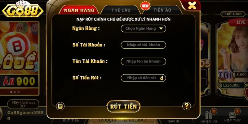 Giao dịch rút tiền GO88 qua thẻ ngân hàng siêu tiện lợi